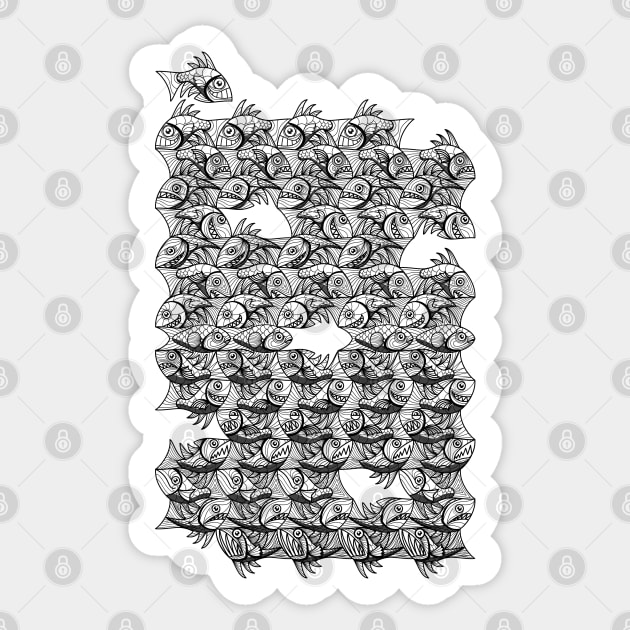 Fish black and white drawing pattern Escher Style Sticker by Maxsomma